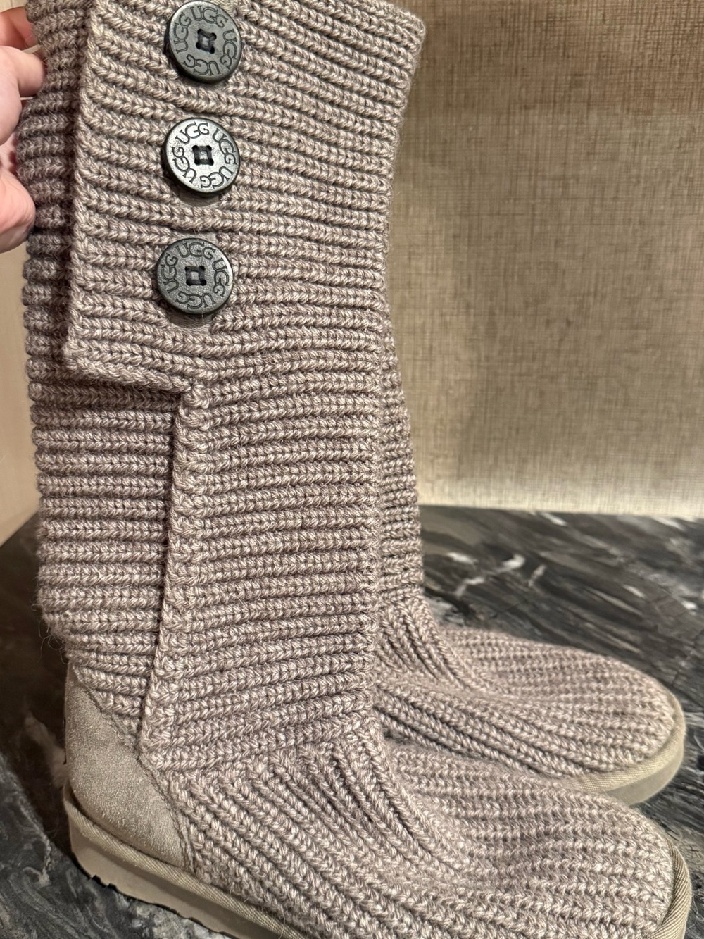 UGG Taupe Knit Button Cuff Tall Boots
